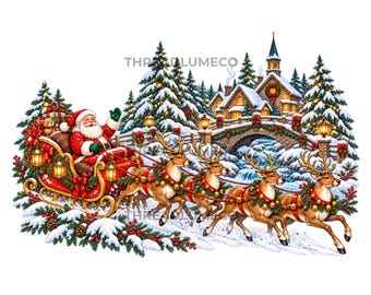 Vintage Santa Sleigh PNG, Christmas Reindeer Design, Retro Winter Wonderland PNG, Snowy Mountain Christmas Scene, Nostalgic Holiday Artwork