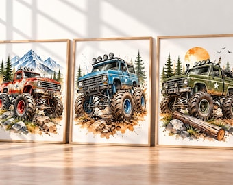 Vintage Monster Truck Nursery Wall Art Set, Watercolor Adventure Prints (Digital Download)