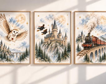 Neutral Fantasy Nursery Prints Set, Owl, Castle, Train (Digital Download)