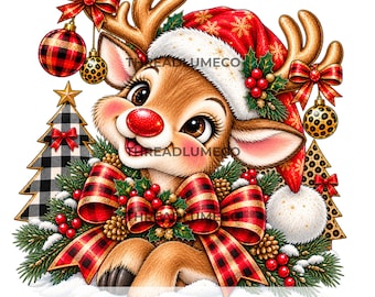 Christmas Reindeer PNG, Cute Santa Reindeer Clipart, Christmas Bow PNG, Holiday Sublimation Design, Festive Reindeer Digital Download