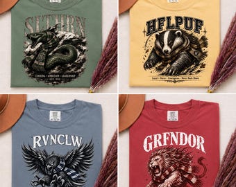 Wizard House Fantasy Shirt, Dark Academia Graphic Tee, Snake Raven Lion Badger Tee, Gothic Creature T-Shirt, Magical School Inspired Apparel