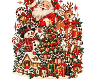 Christmas PNG, Vintage Holiday Collage, Santa Claus, Reindeer, Nutcracker, Snowman, Checkered Christmas Design, Distressed Festive PNG