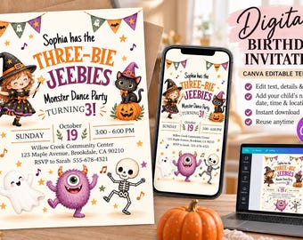 Halloween Birthday Invitation Canva Template, Editable Kids Birthday Invite, Spooky Birthday Party Invitation, Digital Download