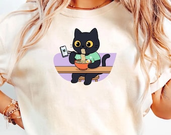 Black Cat Ramen T-Shirt | Kawaii Boba Drinking Cat Tee