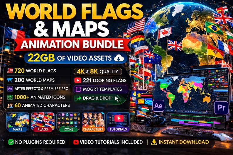 Animation Ed Flags Animated World Flags Maps Bundle, After Effects Premiere Pro MOGRT ...