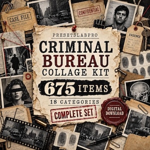 Op de afbeelding: Een collagekit met een centraal vel papier met de tekst PRESETSLABPRO CRIMINAL BUREAU COLLAGE KIT 675 ITEMS 18 CATEGORIES COMPLETE SET. Omringd door zwart-witfoto's, vingerafdrukkaarten, een schedel en een mugshot.