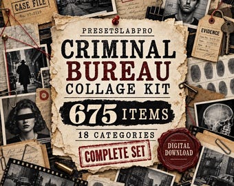 Criminal Bureau Collage Kit: 675 Assets, Detective Ephemera, Mugshots & Evidence Boards, Complete Set, Digital Download