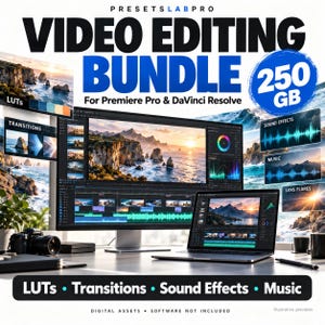 Puede incluir: Un paquete de edición de video para Premiere Pro y DaVinci Resolve con 250 GB de activos digitales. La pantalla muestra interfaces de software con imágenes de paisajes, mientras que textos superpuestos destacan LUTs, transiciones, efectos y música.