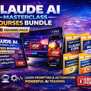 May include: A digital marketing graphic promoting "Claude AI Masterclass Courses Bundle." The image features a tablet, laptop, and smartphone displaying the course content. The bundle includes a 40GB training pack, with options for automation, AI agent building, and AI coding & development.