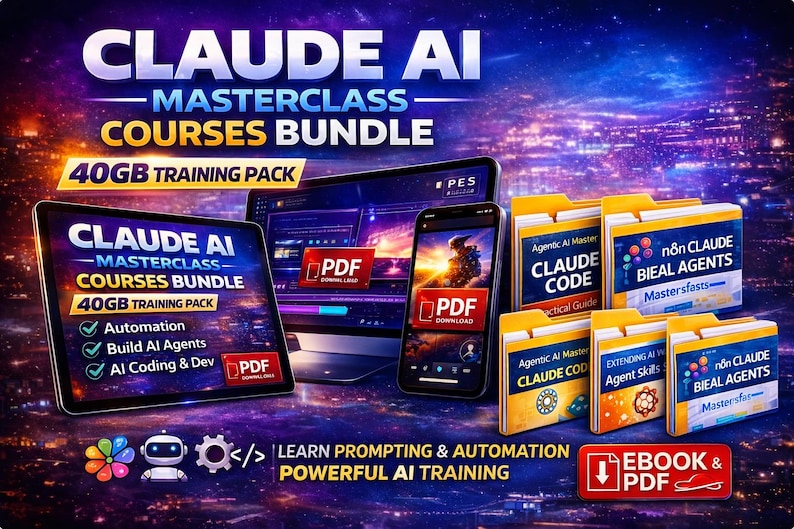 May include: A digital marketing graphic promoting "Claude AI Masterclass Courses Bundle." The image features a tablet, laptop, and smartphone displaying the course content. The bundle includes a 40GB training pack, with options for automation, AI agent building, and AI coding & development.