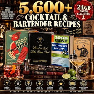 May include: A digital collection of 5,600+ cocktail and bartender recipes featuring vintage books, mixology guides, and manuals. The display includes four antique-style books, a glass of cocktail with an orange peel, a lime, and a martini glass.