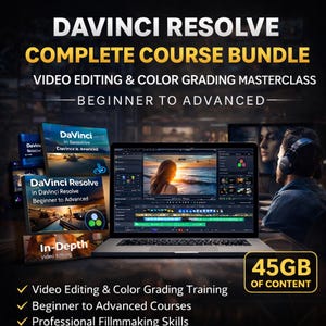 Puede incluir: Imagen promocional de un paquete de cursos completo de DaVinci Resolve. La imagen presenta una computadora portátil que muestra un software de edición de video, varios libros de cursos y una persona con auriculares. El texto incluye "Video Editing & Color Grading Masterclass" y "Beginner to Advanced."