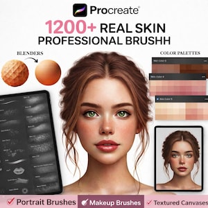 May include: Digital art product advertisement. The image features a woman's portrait, skin tone color palettes, and a tablet displaying Procreate brushes. Text reads "1200+ REAL SKIN PROFESSIONAL BRUSHH" and "Portrait Brushes, Makeup Brushes, Textured Canvases."