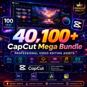 May include: A digital graphic for a 40,100+ CapCut Mega Bundle of professional video editing assets. It features a dark background with neon accents, displaying icons for fonts, LUTs, SFX, overlays, transitions, music, and stock videos.