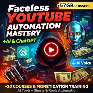 Op de afbeelding: Een digitale marketingafbeelding met de tekst "Faceless YOUTUBE AUTOMATION MASTERY +AI & ChatGPT". De afbeelding toont een figuur met capuchon, een robotkop, dollarbiljetten en pictogrammen. De tekst "+57GB OF ASSETS" en "+20 COURSES & MONETIZATION TRAINING" zijn ook zichtbaar.