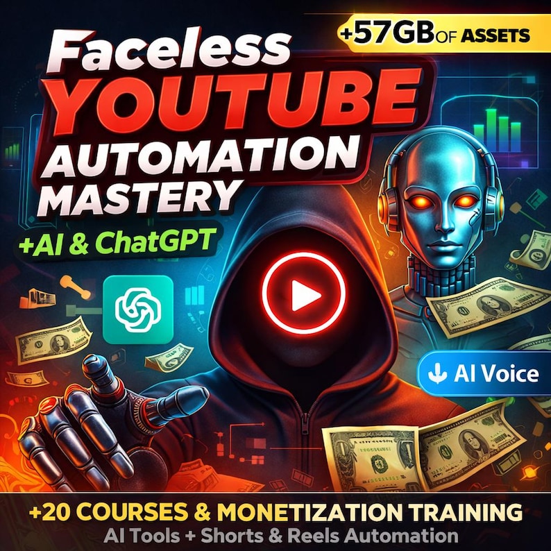 May include: A digital marketing graphic with the text "Faceless YOUTUBE AUTOMATION MASTERY +AI & ChatGPT". The image features a hooded figure, a robotic head, dollar bills, and icons. The text "+57GB OF ASSETS" and "+20 COURSES & MONETIZATION TRAINING" are also visible.