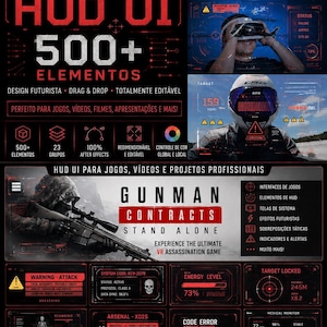 May include: A digital graphic display showcasing the Presetslab Pro Cyberpunk HUD UI with over 500 elements. The layout features red and black futuristic interface designs, including target locking systems, weapon status, energy levels, and medical monitors.