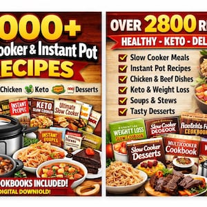 May include: Image of two cookbook covers. The left cover says "3000+ Slow Cooker & Instant Pot Recipes" with recipe categories. The right cover says "Over 2800 Recipes! Healthy - Keto - Delicious" with recipe types. 14 cookbooks are included.