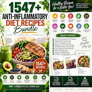 Könnte beinhalten: Ein digitales Paket mit 1547+ entzündungshemmenden Diätrezepten, darunter ein grüner Smoothie, eine Schüssel mit Lachs, Quinoa, Avocado und Ingwer. Die Grafik enthält Text, Symbole für die Essensplanung sowie PDF- und EPUB-Dateiformate.