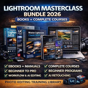 May include: An advertisement for a Lightroom Masterclass Bundle 2026, showcasing books, a laptop, and smartphones. The image includes the text "BOOKS + COMPLETE COURSES" and lists features such as "EBOOKS + MANUALS" and "AI RETOUCHING". A camera and memory cards are also visible.