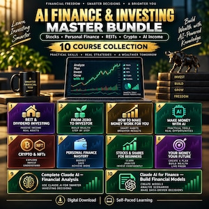 May include: An AI Finance & Investing Master Bundle digital product display featuring a laptop with a stock market graph, a black mug, a bull statue, and ten numbered course cards covering topics like REITs, crypto, and AI financial analysis.