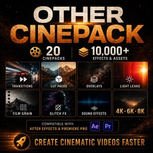 May include: A digital asset bundle titled OTHER CINEPACK featuring 20 cinepacks and over 10,000 effects and assets including transitions, LUTs, overlays, light leaks, film grain, glitch FX, and sound effects in 4K, 6K, and 8K resolution for video editing.