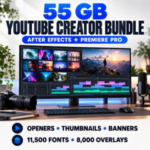 Puede incluir: Un paquete de creación de YouTube de 55 GB para After Effects y Premiere Pro con un monitor ancho que muestra software de edición, una cámara, un micrófono, un teclado y un ratón. El texto incluye Openers, Thumbnails, Banners, 11,500 fuentes y 8,000 superposiciones.