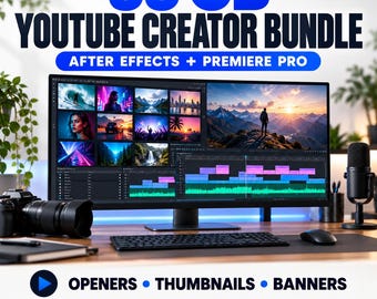 Könnte beinhalten: Ein 55 GB YouTube Creator Bundle für After Effects und Premiere Pro mit einem breiten Computermonitor, der Videobearbeitungssoftware anzeigt, sowie Kamera, Mikrofon, Tastatur und Maus. Text umfasst Openers, Thumbnails, Banners, 11.500 Schriftarten und 8.000 Overlays.