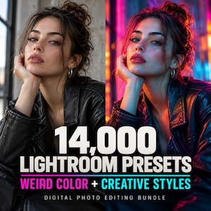 May include: A digital photo editing bundle featuring 14,000 Lightroom presets, weird color, and creative styles. The image displays a split-screen comparison of a person in a black leather jacket, showing a natural tone versus a neon-lit effect.