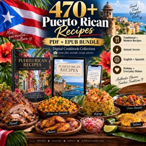 Puede incluir: Un paquete de libros de cocina digitales titulado 470+ Puerto Rican Recipes en formato PDF y EPUB. La imagen muestra una colección de platos puertorriqueños que incluye pernil, arroz con gandules, mofongo, carne guisada, maduros y tostones.
