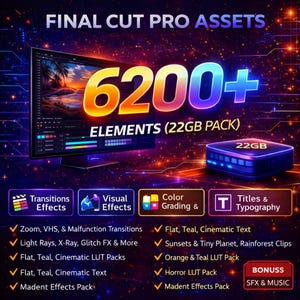 May include: A promotional image for Final Cut Pro assets. The image features a computer monitor displaying video editing software, with the text "6200+ ELEMENTS (22GB PACK)". Additional text highlights transitions, visual effects, color grading, and titles.