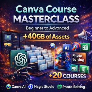 May include: A digital graphic advertising a Canva Course Masterclass. The design includes the text "Canva Course MASTERCLASS" and "Beginner to Advanced." It also highlights "+40GB of Assets" and "+20 COURSES," with icons for AI, photo editing, and Canva AI.