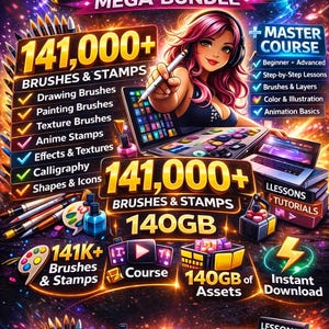 141,000 Procreate Brushes & Stamps, Whole Shop Bundle + Procreate Master Course 140GB