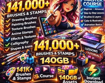 141,000 Procreate Brushes & Stamps, Whole Shop Bundle + Procreate Master Course 140GB