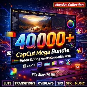 Op de afbeelding: Een digitale afbeelding die een CapCut Mega Bundle met meer dan 40.000 assets promoot. De afbeelding toont een computerscherm met videobewerkingssoftware, met de tekst "40.000+" in grote, kleurrijke letters. Compatibel met CapCut, PR en meer.