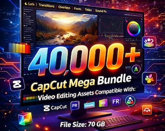 Paquete de edición CapCut con más de 40 000 recursos: transiciones, LUTs, superposiciones, efectos de sonido y música.