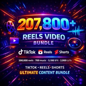 Peut inclure: Une image numérique promotionnelle pour un pack de vidéos Reels. L'image présente le texte "207 800+ REELS VIDEO BUNDLE" en grandes lettres colorées. Elle comprend également les logos TikTok, Reels et Shorts, ainsi que des détails sur le pack de contenu.