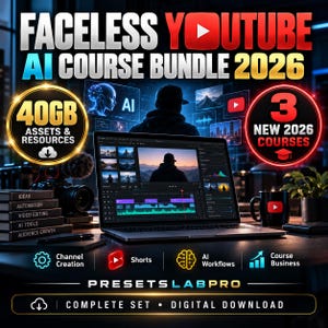 May include: A digital product bundle titled Faceless YouTube AI Course Bundle 2026, featuring 40GB of assets, 3 new courses, and a laptop displaying video editing software. Includes icons for channel creation, shorts, AI workflows, and course business.