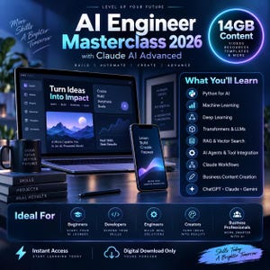 May include: A digital course advertisement titled AI Engineer Masterclass 2026 with Claude AI Advanced. The graphic features a laptop and smartphone displaying educational interfaces, a list of learning modules, and a 14GB content badge.