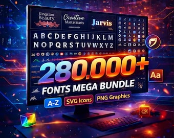 280,000+ Fonts Mega Bundle A-Z, SVG Icons, PNG Graphics (Digital Download)