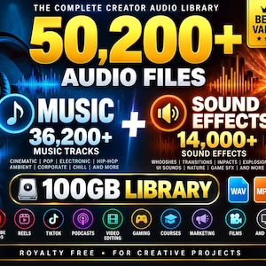 Peut inclure: Un graphique de produit numérique intitulé The Complete Creator Audio Library avec 50 200+ fichiers audio, 36 200+ pistes musicales et 14 000+ effets sonores. La bibliothèque de 100 Go inclut des formats WAV et MP3 pour YouTube, TikTok et podcasts.