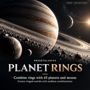 Puede incluir: Un gráfico digital que muestra un gran planeta gaseoso con anillos prominentes, rodeado de lunas y asteroides en el espacio. El texto dice: PRESETSLABPRO PLANET RINGS, Combine rings with 45 planets and moons, Create ringed worlds with endless combinations.