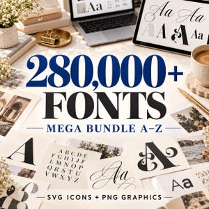 Może przedstawiać: Cyfrowa prezentacja produktu z tekstem 280,000+ FONTS MEGA BUNDLE A-Z oraz SVG ICONS + PNG GRAPHICS. Obraz przedstawia różne drukowane karty z przykładami typografii, laptop, tablet, złoty klips oraz filiżankę kawy na biurku.