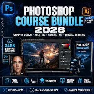 Può includere: Un pacchetto corso Photoshop 2026 con uno schermo di computer che mostra una foto di paesaggio, un tablet con ritocco di ritratti, una guida al corso e icone per 34 GB di formazione, design grafico, editing AI e compositing.
