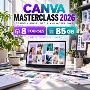 May include: A digital course collection titled CANVA MASTERCLASS 2026, featuring 8 courses and 85 GB of content. The text includes DESIGN, SOCIAL MEDIA, AI WORKFLOWS, and DIGITAL COURSE COLLECTION. A laptop displays a grid of images on its screen.