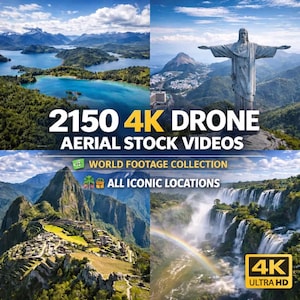Può includere: Una collezione digitale di 2150 video aerei stock in 4K ripresi da droni, che mostrano luoghi iconici del mondo, tra cui laghi di montagna, la statua del Cristo Redentore, Machu Picchu e cascate con arcobaleno, etichettata World Footage Collection.