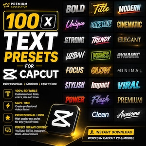 May include: A digital product display featuring 100x Text Presets for CapCut. The graphic includes a list of text styles like Bold, Title, Modern, Unique, Creative, Cinematic, Strong, Trendy, Elegant, Urban, Vibes, Dynamic, Focus, Glow, Minimal, Stylish, Impact, Viral, Power, Flash, Premium, Clean, and Awesome. It highlights features such as 100% editable, save time, and professional look.