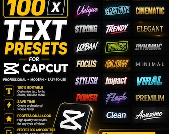 100 preset di testo per CapCut, effetti di testo modificabili, titoli, didascalie, reel, TikTok, pacchetto di editing video