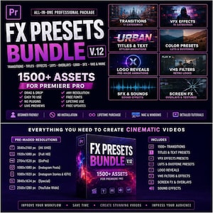以下が含まれることがあります： Premiere Pro用FXプリセットバンドルV.12のデジタル製品広告。トランジション、VFXエフェクト、アーバンタイトル、カラープリセット、ロゴアニメーション、VHSフィルター、サウンドエフェクトなど、シネマティックな動画編集に必要な1500以上の素材が含まれています。