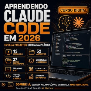 以下が含まれることがあります： APRENDENDO CLAUDE CODE EM 2026と題されたデジタルコースの広告。コードを表示するノートパソコンが写っています。13のモジュール、52のファイル、27のフォルダ、ビデオレッスン、ターミナル、Git、コンテキスト、コマンド、テスト、スキル、フックのセクションが記載されています。